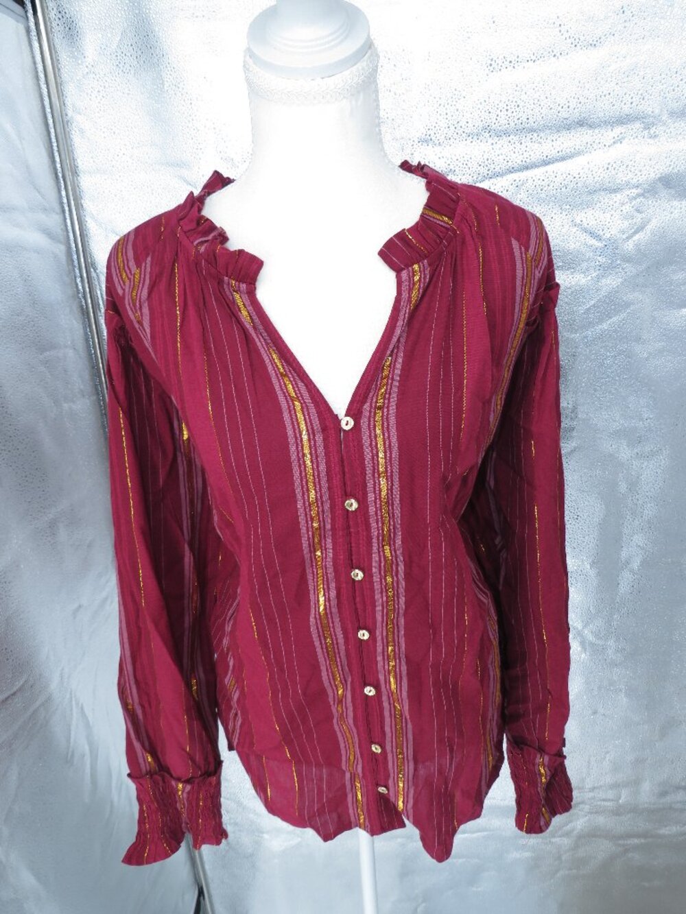 Cupio Blouse Womens XL Red Gold Striped Lurex Metallic Metallic Long Sleeve NWT